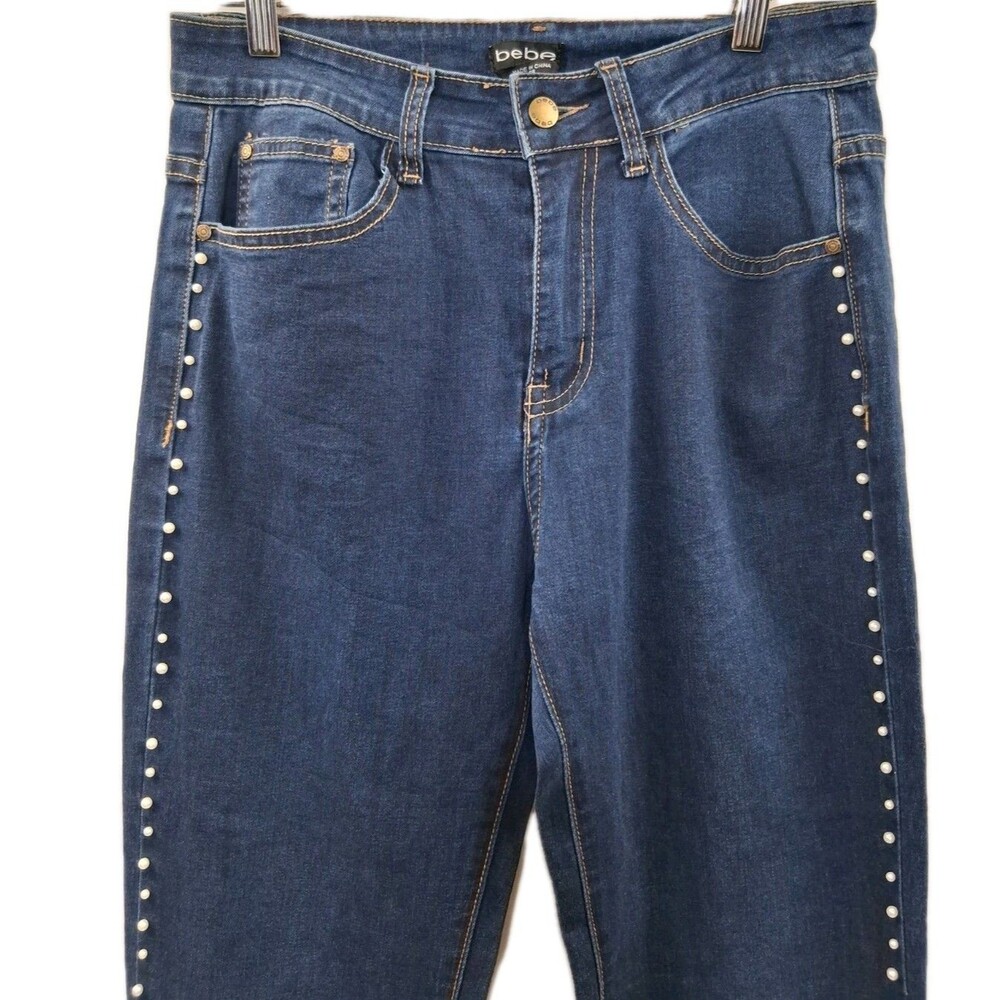 Bebe The Bling String Pearl Embellished Straight Leg Jeans Indigo Wash Size 6 - Picture 7 of 16